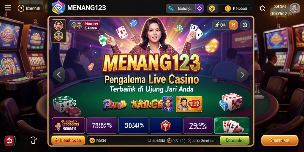 Tangkapan layar MENANG123 menunjukkan dealer langsung dan permainan kasino yang mengasyikkan.