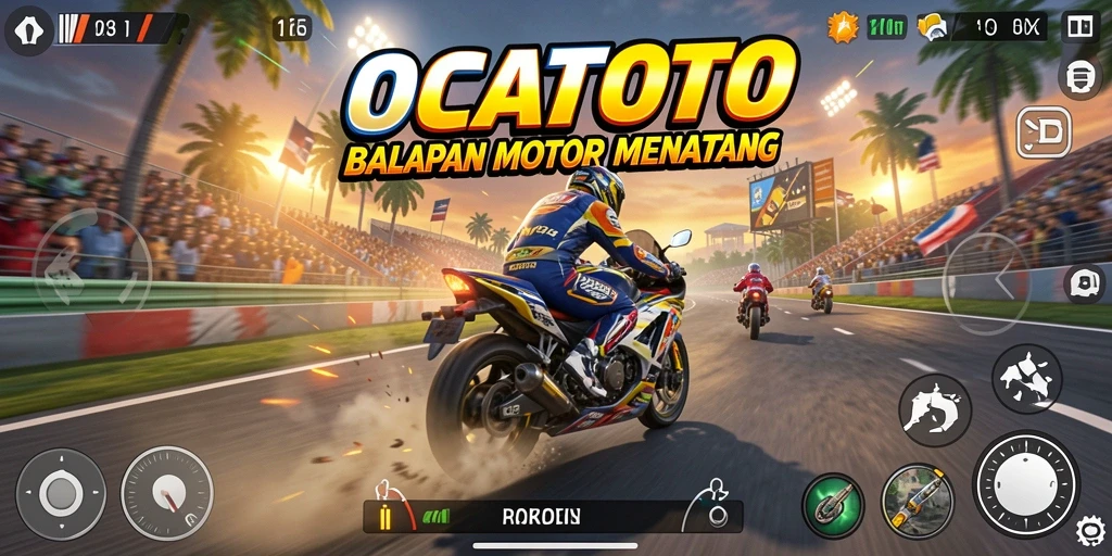 Tampilan gameplay seru OCATOTO dengan balapan motor yang menegangkan.