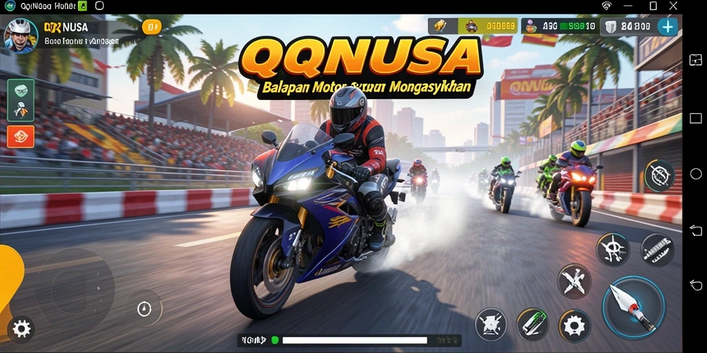 Tampilan gameplay seru dalam QQNUSA dengan balapan motor yang mendebarkan.