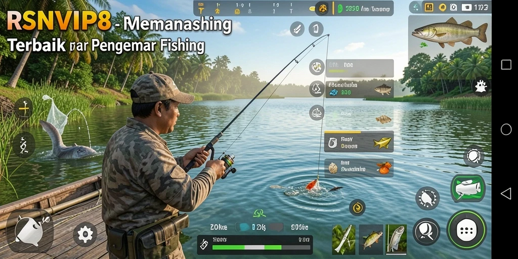 Screenshot gameplay RSNVIP8 menampilkan aktivitas memancing yang seru dan grafis menawan.