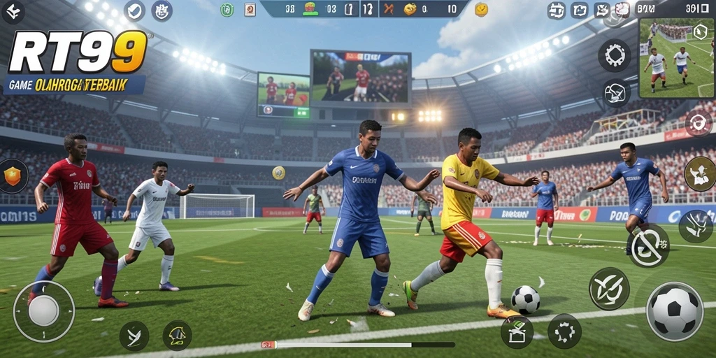 Tangkapan layar dari gameplay RT99 yang menampilkan aksi olahraga penuh semangat.