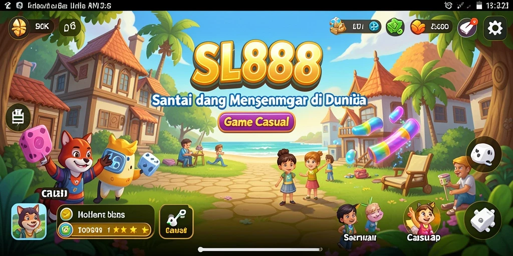 Screenshot utama SL888 menampilkan gameplay santai dan penuh warna.