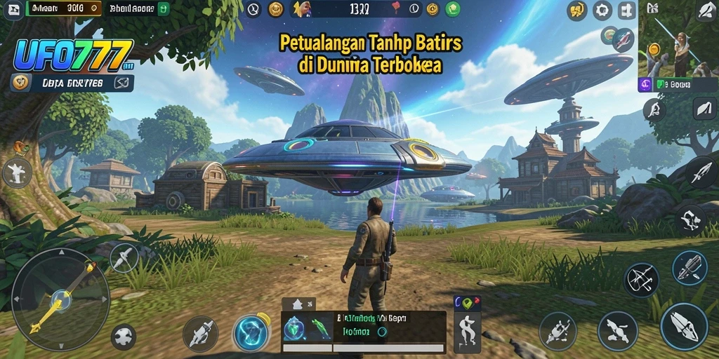 Screenshot utama menunjukkan aksi menjelajahi dunia luas dalam UFO777.